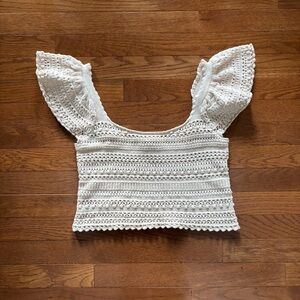 Sincerely Jules Cream Crochet Cropped Blouse with Ruffle Sleeves and Scallop Hem
